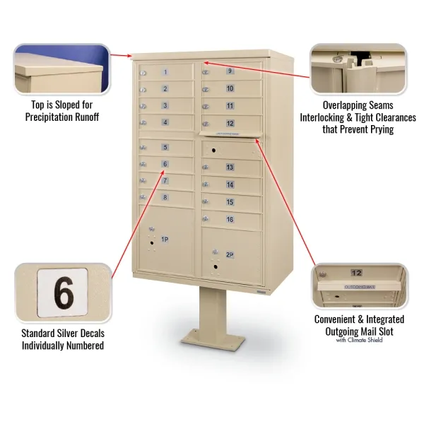N1029596 - 16 Door F Spec Cluster Box Unit with Pedestal (Sandstone)